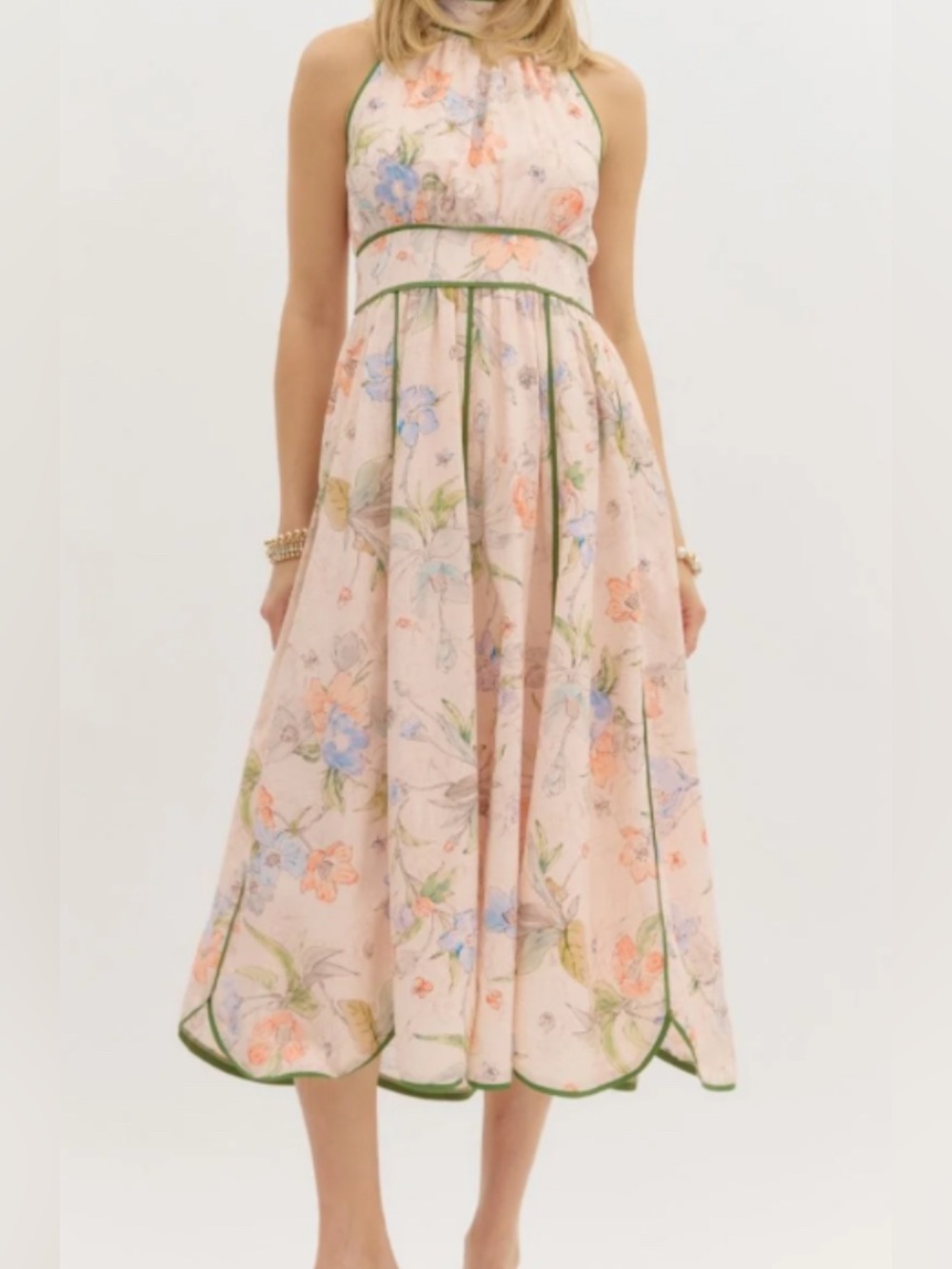STUNNING SLEEVELESS FLORAL DRESS Pastel Green Piping NWOT entro